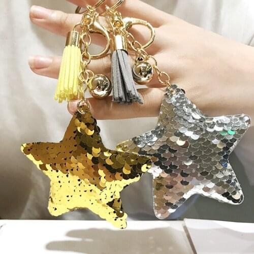 DoreenBeads Fashion Gold Keychains Beige Multicolor Tassel Royal Blue Pink Sequin Star Pendant Hot Trendy Key Chains,1 Piece