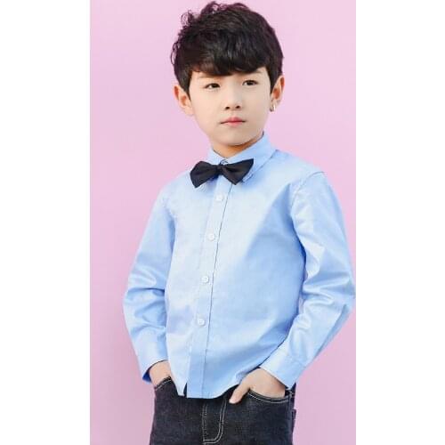 Toddler Teenage Cotton Clothes School Uniform Boys Shirts Blue Long Sleeve Turn-down Collar Shirt for Kids Children Tops 8 12 18