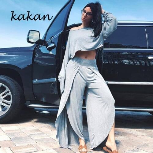 Kakan best womens jumpsuit two-piece summer sexy one-shoulder long-sleeved jumpsuit solid color casual split jumpsuit