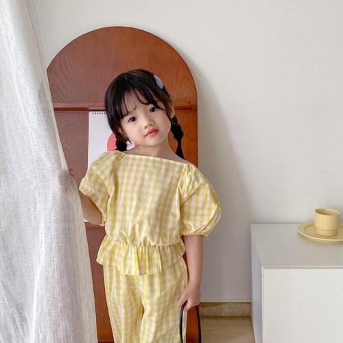 Girl Child Summer Suit 2021 New Plaid Square Collar Frill Short Sleeve Capris Two Piece Set