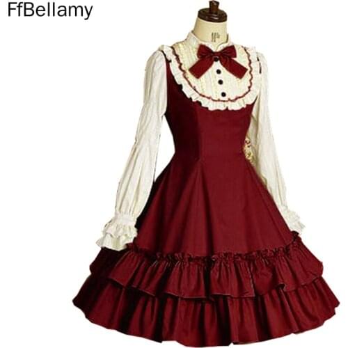 Classic Lolita Dress Princess Womens Cotton Casual Bow Tie Ruffle Layer Dress White sleeves