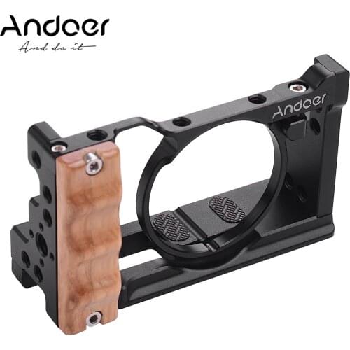 Andoer Camera Cage for Sony RX100 VII & RX100 VI Camera Feature w/ Wooden Side Handle Cold Shoe Mount with 1/4 Screw Accessories
