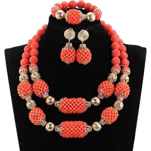 Newest African Coral Beads Jewelry Set Real RedCoral and Gold Chunky Bridal Jewelry Set Nigerian for Women Female Wedding Gift