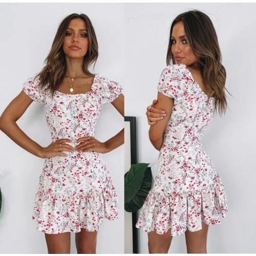 Summer Dress Women Short Puff Sleeve Floral Print Ruffle Dress Women Backless Mini Plus Size Dress Ladies 2021 Party Dress