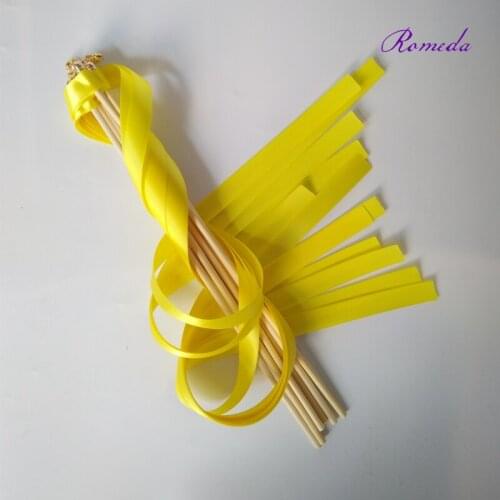 New Arrived 50pcs/lot yellow stain ribbon wedding stick wands With golden Bells for wedding decoration