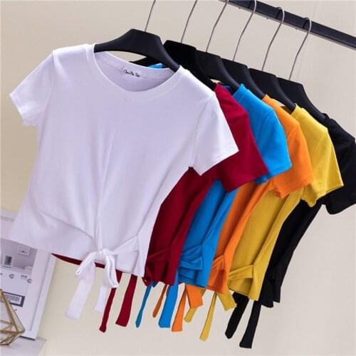 Sexy Lace Up Short T Shirt Women Clothes High Waist Cropped Tshirt Summer O Neck Slim Solid T Shirt Casual Tee Shirt Femme