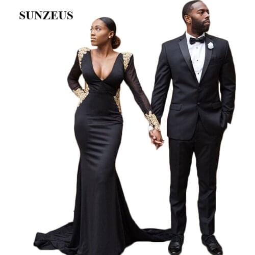 Deep V Neck Sexy Long Evening Dresses Mermaid African Women Evening Party Gowns Gold Appliques Long Sleeve Formal Wear Backless