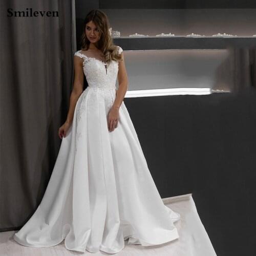 Smileven Elegant A Line Satin Wedding Dresses 2020 Appliqued Lace Bridal Gowns Vestido De Noiva Princess Wedding Brde dresses