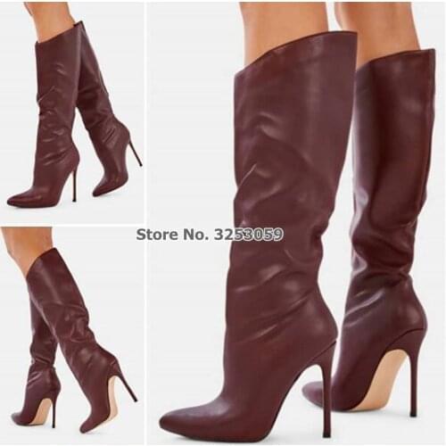 ALMUDENA Women Wine Red Coffee Matte Knee High Boots Luxurious Stiletto Heels Dress Shoes Long Boots Sexy High Boots Dropship