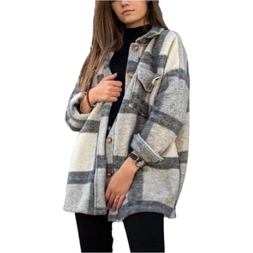 Womens Casual Chic Loose Baggy Plaid Wool Blend Shirt Jackets Outwear Relaxed Check Woolen Shackets Coats Streetwear