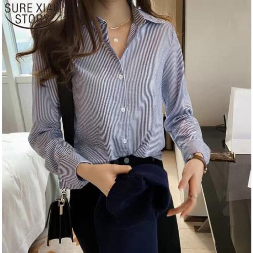 Korean Style Work Office Lady Shirt Tops Fashion Striped Women Shirt Long Sleeve Turn Down Collar Autumn Blouses 7459 50