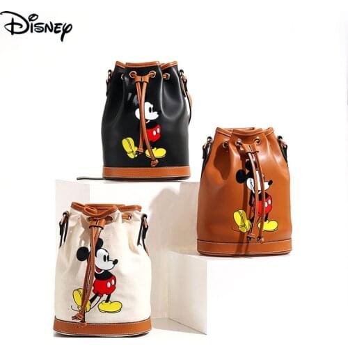 Disney Original Mickey Mouse Shoulder Bag Women Fashion PU Bucket Shoulder White Black Brown Messenger Bag