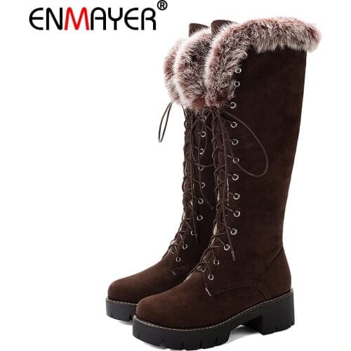 ENMAYER Fretwork Heels Velvet Zip Over-the-Knee Boots Winter Round Toe Fur Med Solid Women Winter Shoes Yellow Knee High Boots