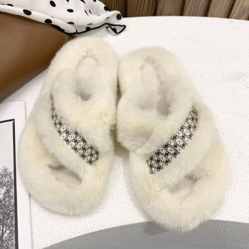 2021 Women Fluffy Slippers Cozy Faux Fur Cross Floor Indoor Slides Female Slip on Furry Flip Flops Warm Shoes Home Slippers