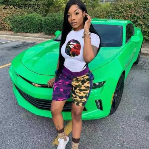 ZOOEFFBB Two Piece Set Summer Clothes for Women Tracksuit Short Sleeve Top Camo Biker Shorts Sweat Suit Loungewear Matching Sets