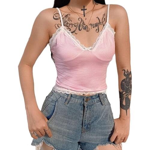 Womens Pink Plaid Lace Patchwork Camisole Female Summer Lace Cuffs Camis Sexy Sleeveless V-neck Tops