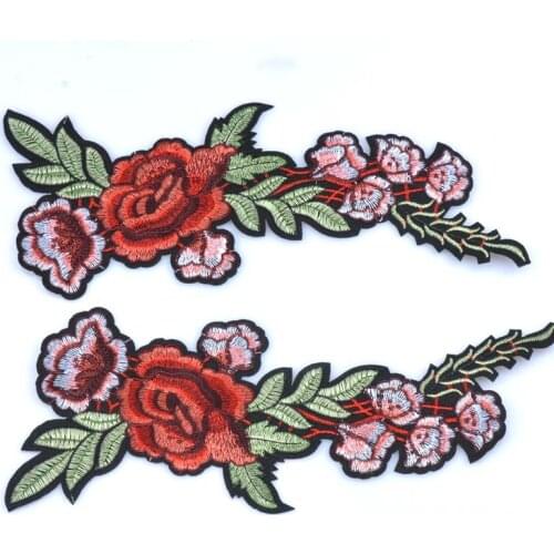 2PCS(1pair) Red Rose Flower Embroidery Applique Cloth DIY Sewing & Iron on Patch Badge 11x26cm CP1519