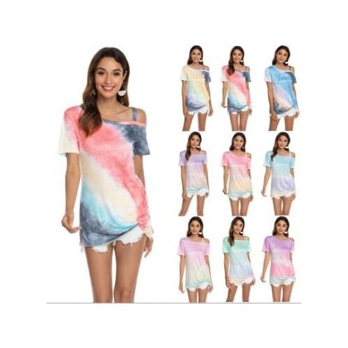 2021 European and American foreign trade cross border new printing gradient shoulder short sleeve hem kink T-shirt for women