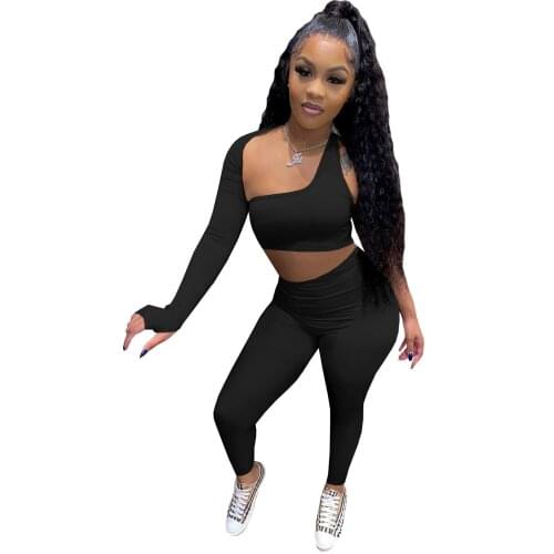 2021 Causal Women Tracksuit Two Piece Set One Shoulder Solid Color Shirt And Long Pants Matching Set Clothes For Women Outfit