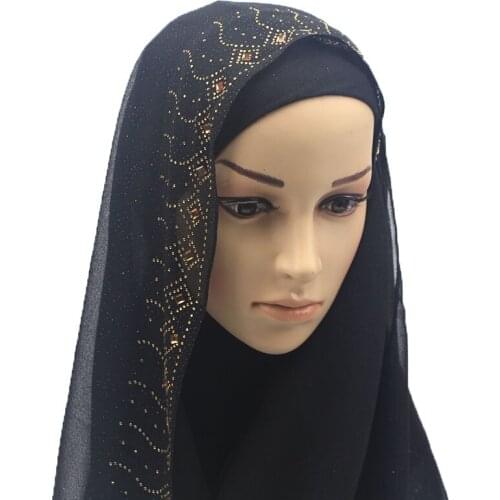 Shinny Crystal Muslim Hijab Printed Instant Shawls Jersey Chiffon Long Scarf Amira Slip On Scarves Wraps Women Headband