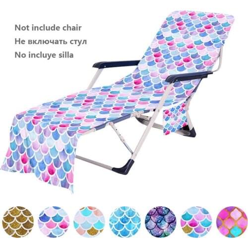 Mermaid Colorful Print Beach Chair Cover With Storage Pocket Swimming Pool Sun Lounger Case Microfiber Beach Chair Towel