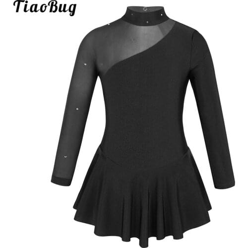 TiaoBug Kids Girls Long Sleeves Mock Neck Tulle Splice Cutouts Back Figure Ice Skating Roller Skating Ballet Dance Leotard Dress