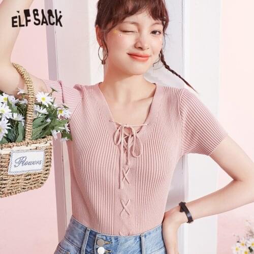 ELFSACK Solid Pure Casual Knit Basic Women Pullover Knitwear Top,2021 Summer Vintage Short Sleeve Korean Ladies Daily Sweaters