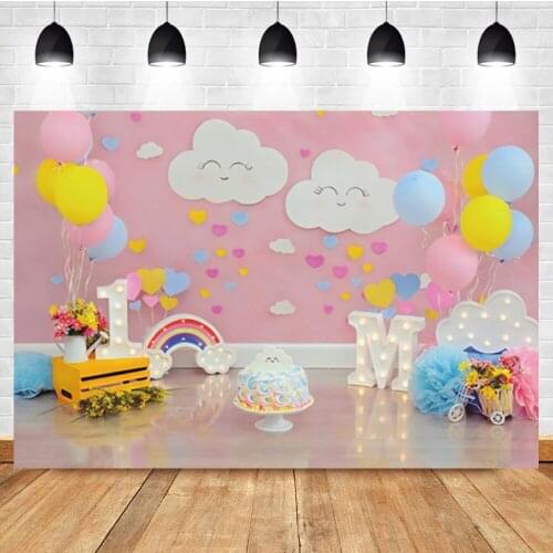 Laeacco Baby 1st Birthday Party Banner Balloon Cartoon Photography Backdrop Photographic Photo Background For Photo Studio