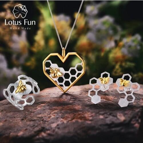 Lotus Fun Real 925 Sterling Silver Handmade Fine Jewelry Honeycomb Home Guard Jewelry Set with Ring Earring Pendant Necklace
