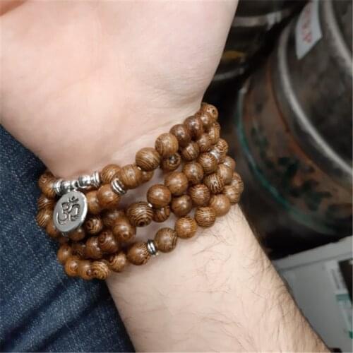 Charm Multilayer 108 Wood Beads OM Bracelet Tibetan Buddhist Mala Buddha Charm Rosary Bracelet Yoga Wooden For Women Men Jewelry