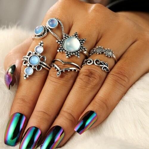 6pcs/set Opal Look Cabs Vintage Finger Joing Ring Set Pack Jewelry for Women