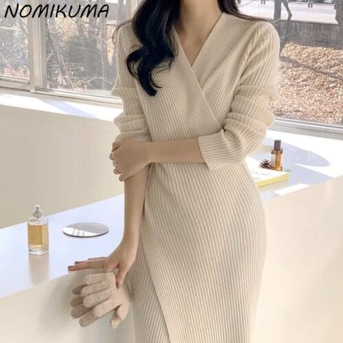 Nomikuma Korean Cross Slim Waist Elegant Sweater Dress Long Sleeve V-neck Knitted Bodycorn Dresses Fashion V-neck Vestido 6Z195