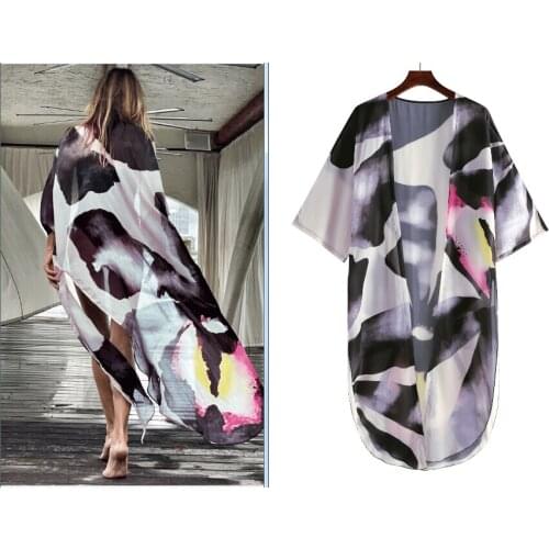 Latest Arrival in 2021 Ladies Print Sexy Chiffon Print Blouse Half Sleeve Loose Beach Bikini Cover-Up Blouse White/Green/Black