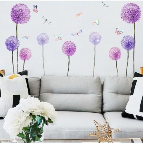 Romantic Purple Dandelion Wall Stickers Butterflies Dragonfly Home Decor DIY Art Decals Background Decor on The Wall Wallpaper