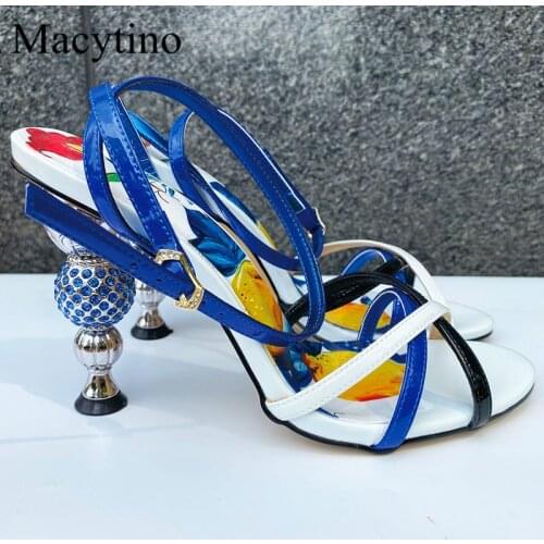 Diamond embellished strange high-heeled ladies high-heeled sandals with printed round toe high-heeled fashion party sandals