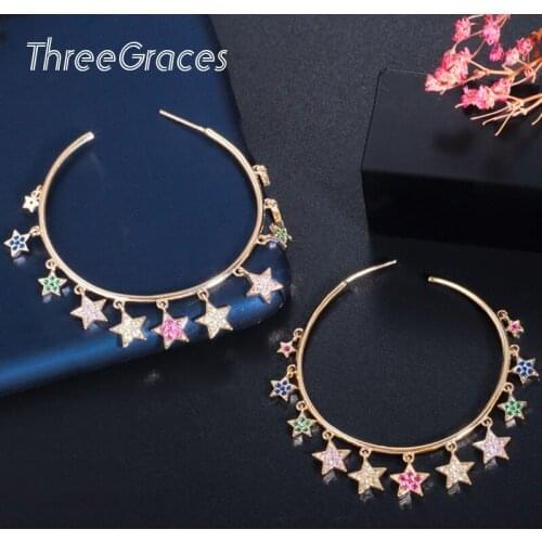 ThreeGraces 2020 New Fashion Korean Micro Pave Multicolor CZ Star Tassel Big Hoop Earring for Women Jewelry Accessories ER462