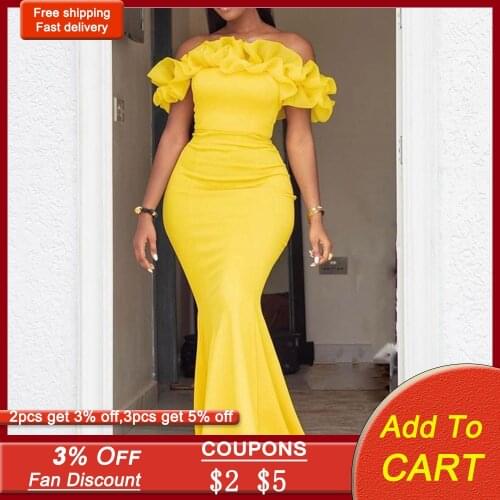 Women 2021 Summer Dress Off-The-Shoulder Ruffles Patchwork Slash Neck Mermaid Party Dinner Elegant Evening Black Maxi Dress