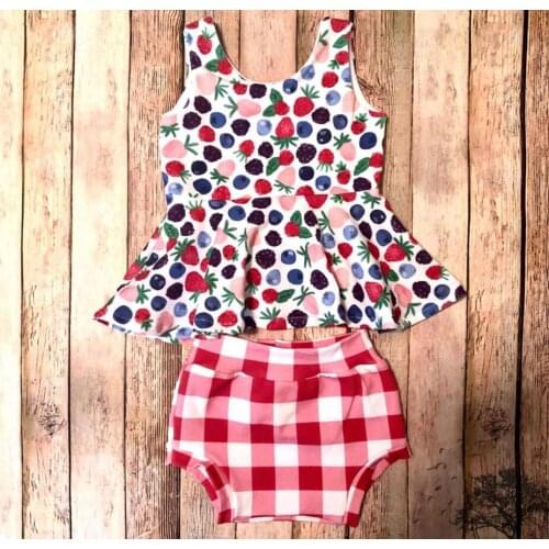 Summer Mixed Berries Strawberries Blueberry Peplum Vest Tunic Top Red Gingham Bummies Outfit Girl Set