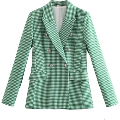Women Houndstooth Office Wear Double Breasted Blazer Coat Vintage Long Sleeve Pockets Female Outerwear Chic Green Pink Plaid Top