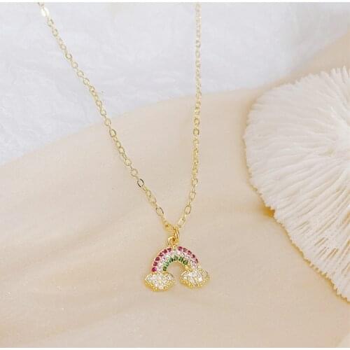 14k Real Gold Colorful Rainbow Zircon Necklace for Lady Charm Creative Clavicle Temperament Colar Bijoux Pendant Jewelry Gift