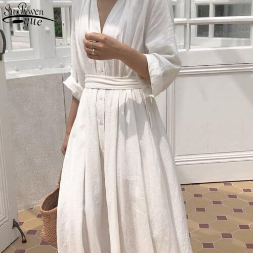 2021 Spring Summer Elegant A-Line Loose Shirt Dress White Vestidos Vintage Women Dress Plus Size Solid Cotton Long Dress 10054