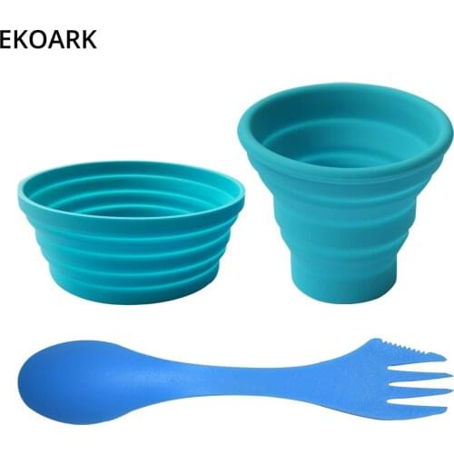350ml Silicone Folding Tableware Set with Cup/Bowl/Fork, for Camping/Travel, Outdoor silicone Tableware, Food-Grade FDA silicone