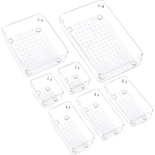 7 Pcs Drawer Organizer with Non-Slip Silicone Pads, 4-Size Clear Desk Drawer Organizer Trays in Office and Kitchen