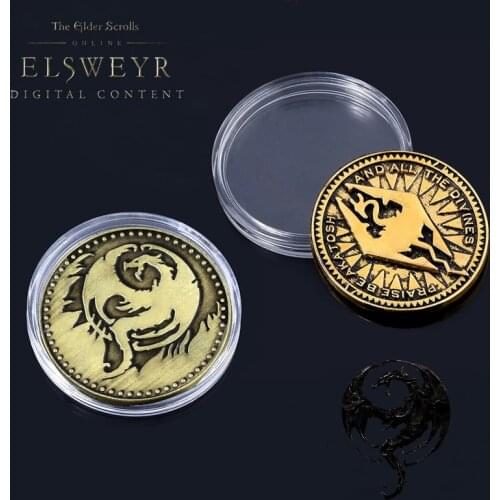 The Elder Scrolls Online Elsweyr Coin Keychain Drago Logo Ancient Bronze Souvenir Key Chain for Women Men Jewelry with Box