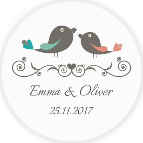 DouxArt 100 Pieces Custom Personalized, Wedding Stickers, 40mm Birds Wedding Party Baptism Communion Gift Box Label P043