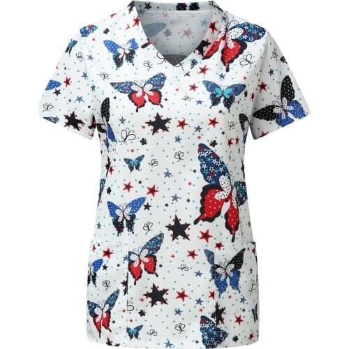 Butterfly print t tops Angel Nurse Uniform White color Working Uniform Cartoon Printing Nurse Uniforms women workwear clothes