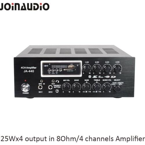JOINAUDIO New 4 Channels Mixer Amplifier 25Wx4 @8Ohm Audio Compact Power Hifi Amp for Shop/Pubs/Cafe