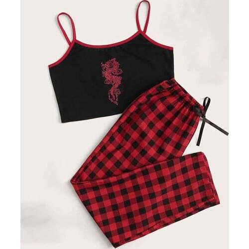 Summer Pajama Sets Dragon Plaid Print Sleepwear Suit Women Vest Short Pant Lingerie Temptation Babydoll Underwear Nightdress