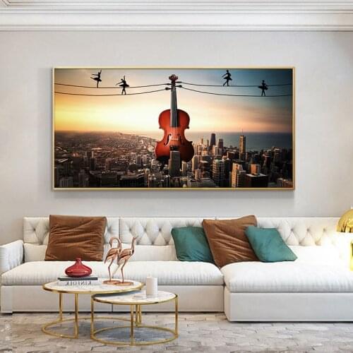 Creative picture City Violin Dance Building Painting Canvas Art Scandinavian Posters and Prints Wall Picture for Living Room
