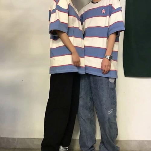 Summer Basic Blue Striped Short-Sleeved T-Shirt Couple College Vintage Korean Style Harajuku Oversized Clothes For Teenagers